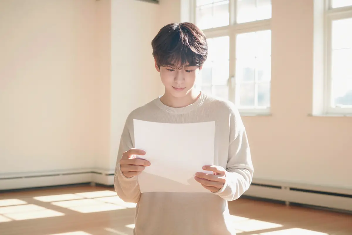 햇빛이 가득 드는 빈 방에서 종이 한 장을 두 손으로 들고 읽는 남성.
