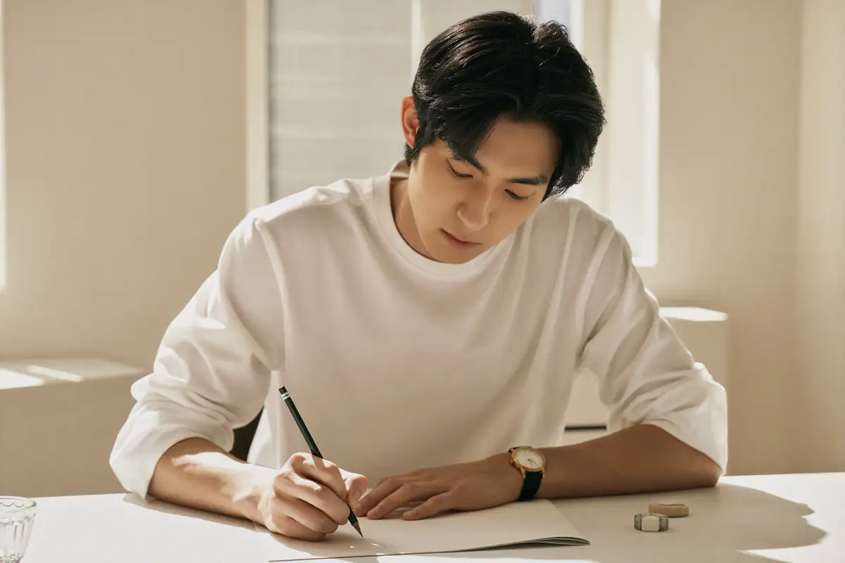 볕이 드는 방의 책상에서 아무것도 적히지 않은 종이에 연필로 쓰는 남성, 옆에 지우개와 손목시계가 놓여 있다.